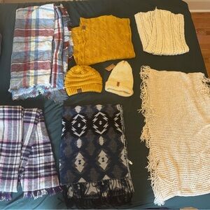 Assorted Knit Scarves & Beanies Hat Set - Mustard Yellow, Cream, Navy, Plaid